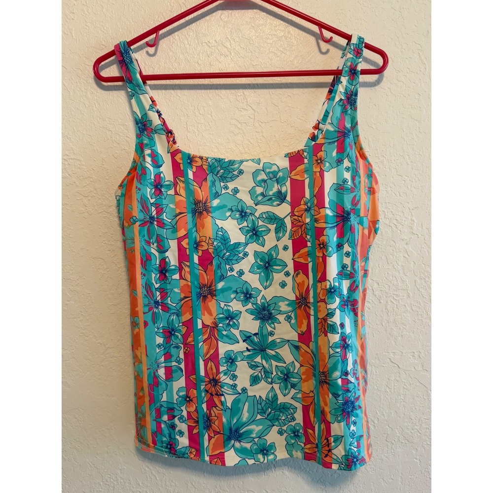 Lands End Floral Striped Tankini Top Teal Orange Pink Size 10 500531